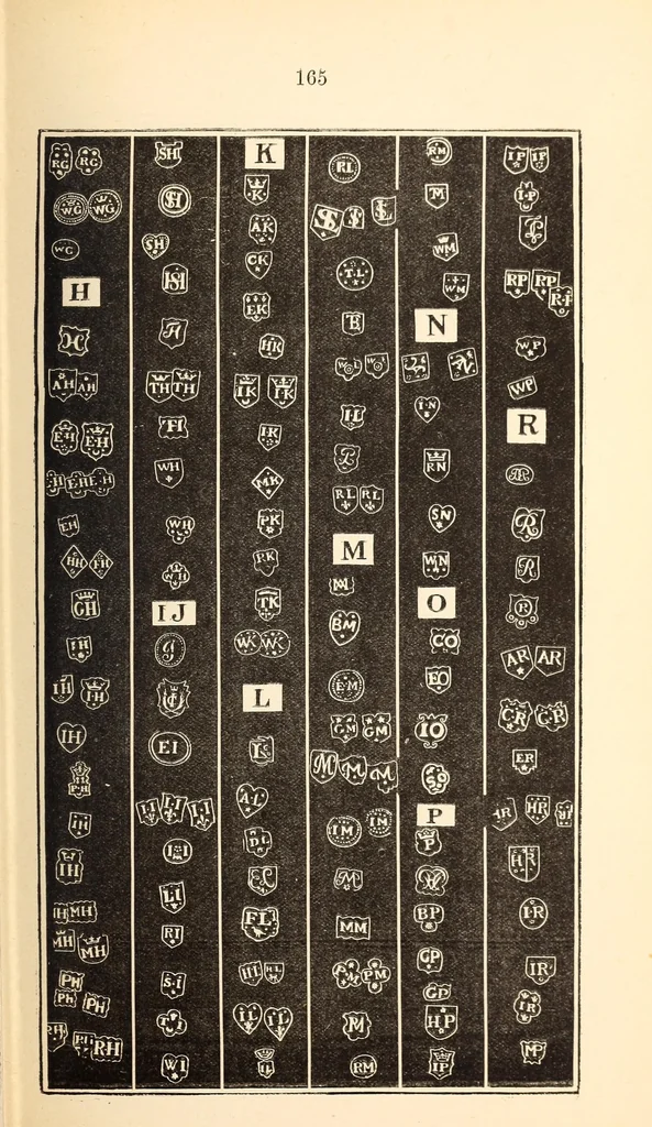 An illustration from Gilda aurifabrorum; a history of English goldsmiths and plateworkers, and their marks stamped on plate, copied in facsimile from celebrated examples; and the earliest records preserved at Goldsmith's hall, London, with their names, addresses, and dates of entry, 2500 illustrations, also historical accounts of the Goldsmiths' company and their hall marks; their regalia; the Mint; closing of the Exchequer; goldsmith-bankers; shop signs; a copious index, &c. &c., preceded by an introductory essay on the goldsmiths' art, 1899, leaf 177