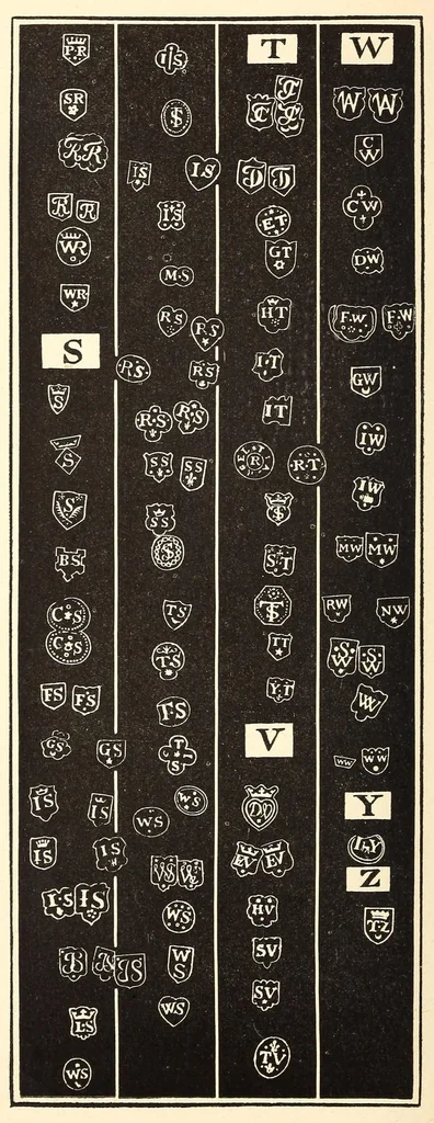 An illustration from Gilda aurifabrorum; a history of English goldsmiths and plateworkers, and their marks stamped on plate, copied in facsimile from celebrated examples; and the earliest records preserved at Goldsmith's hall, London, with their names, addresses, and dates of entry, 2500 illustrations, also historical accounts of the Goldsmiths' company and their hall marks; their regalia; the Mint; closing of the Exchequer; goldsmith-bankers; shop signs; a copious index, &c. &c., preceded by an introductory essay on the goldsmiths' art, 1899, leaf 178