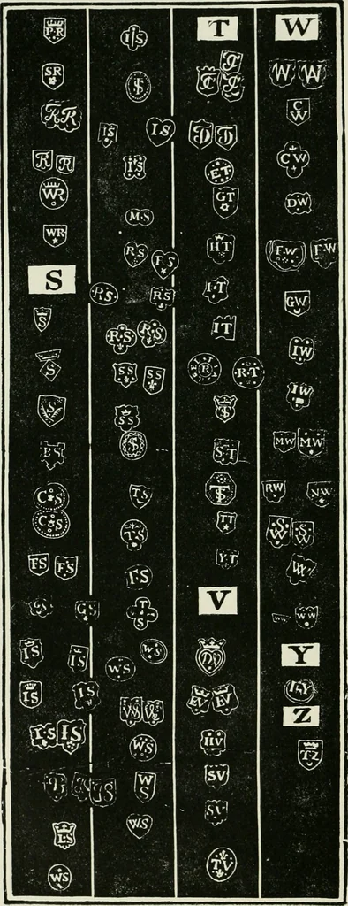 An illustration from Gilda aurifabrorum; a history of English goldsmiths and plateworkers, and their marks stamped on plate, copied in facsimile from celebrated examples; and the earliest records preserved at Goldsmith's hall, London, with their names, addresses, and dates of entry, 2500 illustrations, also historical accounts of the Goldsmiths' company and their hall marks; their regalia; the Mint; closing of the Exchequer; goldsmith-bankers; shop signs; a copious index, &c. &c., preceded by an introductory essay on the goldsmiths' art, 1899, leaf 177