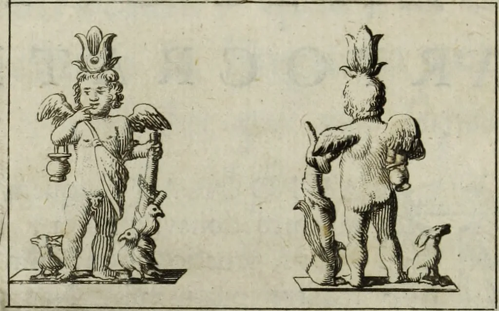 An illustration from Gisb. Cuperi Harpocrates, sive, Explicatio imagunculae argenteae perantiquae, quae in figuram Harpocratis formata representat solem : ejusdem Monumenta antiqua inedita ... ; accedit Stephani Le Moine Epistola de Melanophoris, 1687, leaf 13