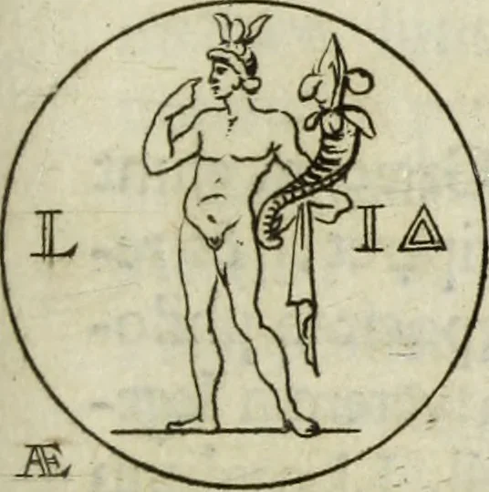 An illustration from Gisb. Cuperi Harpocrates, sive, Explicatio imagunculae argenteae perantiquae, quae in figuram Harpocratis formata representat solem : ejusdem Monumenta antiqua inedita ... ; accedit Stephani Le Moine Epistola de Melanophoris, 1687, leaf 182