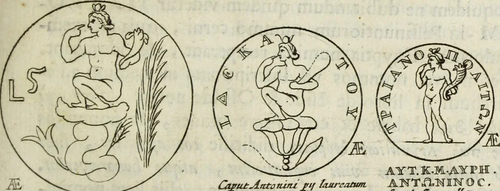 An illustration from Gisb. Cuperi Harpocrates, sive, Explicatio imagunculae argenteae perantiquae, quae in figuram Harpocratis formata representat solem : ejusdem Monumenta antiqua inedita ... ; accedit Stephani Le Moine Epistola de Melanophoris, 1687, leaf 182
