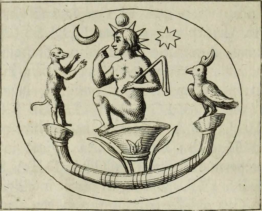 An illustration from Gisb. Cuperi Harpocrates, sive, Explicatio imagunculae argenteae perantiquae, quae in figuram Harpocratis formata representat solem : ejusdem Monumenta antiqua inedita ... ; accedit Stephani Le Moine Epistola de Melanophoris, 1687, leaf 23