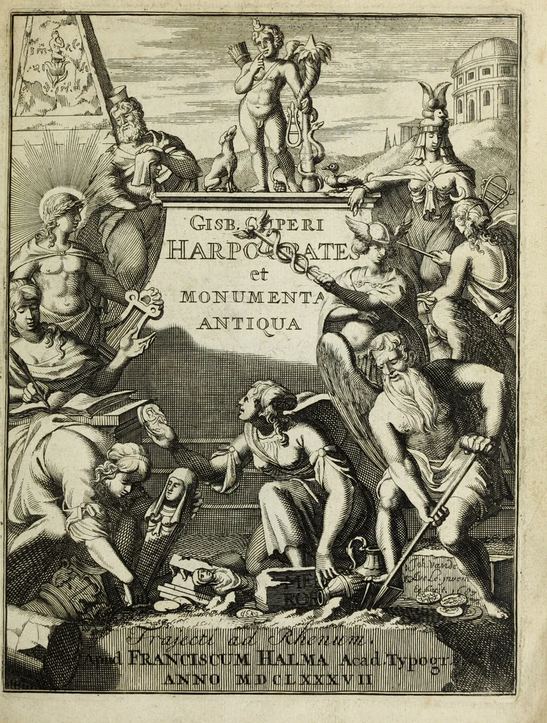 An illustration from Gisb. Cuperi Harpocrates, sive, Explicatio imagunculae argenteae perantiquae, quae in figuram Harpocratis formata representat solem : ejusdem Monumenta antiqua inedita ... ; accedit Stephani Le Moine Epistola de Melanophoris, 1687, leaf 4