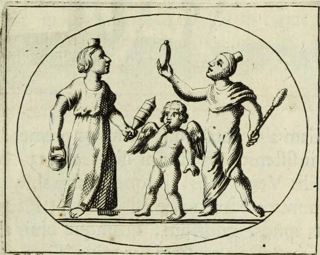 An illustration from Gisb. Cuperi Harpocrates, sive, Explicatio imagunculae argenteae perantiquae, quae in figuram Harpocratis formata representat solem : ejusdem Monumenta antiqua inedita ... ; accedit Stephani Le Moine Epistola de Melanophoris, 1687, leaf 46