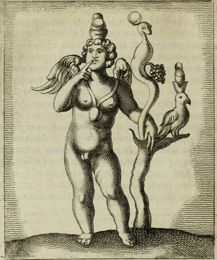 An illustration from Gisb. Cuperi Harpocrates, sive, Explicatio imagunculae argenteae perantiquae, quae in figuram Harpocratis formata representat solem : ejusdem Monumenta antiqua inedita ... ; accedit Stephani Le Moine Epistola de Melanophoris, 1687, leaf 47