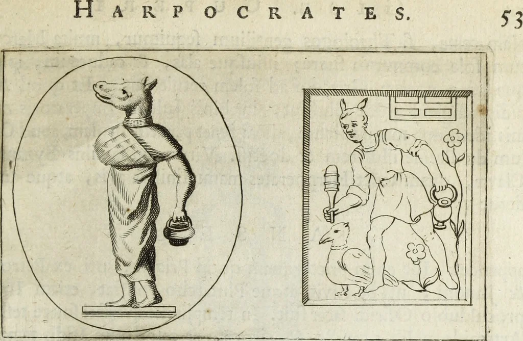 An illustration from Gisb. Cuperi Harpocrates, sive, Explicatio imagunculae argenteae perantiquae, quae in figuram Harpocratis formata representat solem : ejusdem Monumenta antiqua inedita ... ; accedit Stephani Le Moine Epistola de Melanophoris, 1687, leaf 64