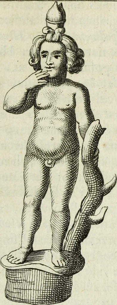 An illustration from Gisb. Cuperi Harpocrates, sive, Explicatio imagunculae argenteae perantiquae, quae in figuram Harpocratis formata representat solem : ejusdem Monumenta antiqua inedita ... ; accedit Stephani Le Moine Epistola de Melanophoris, 1687, leaf 66