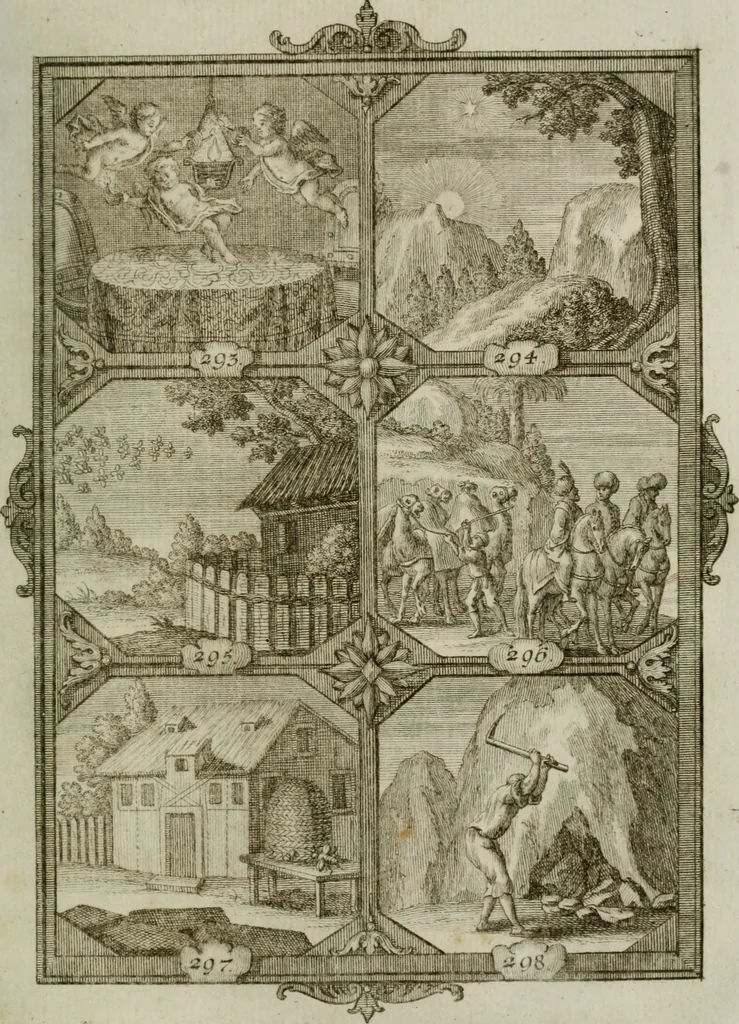 An illustration from Güldene Aepfel in silbernen Schalen, das ist, Worte geredet zu seiner Zeit über 400 Sinnbilder von allerley Zeiten und Umständen des menschlichen Lebens zu Beförderung der Erbauung, 1746, leaf 182