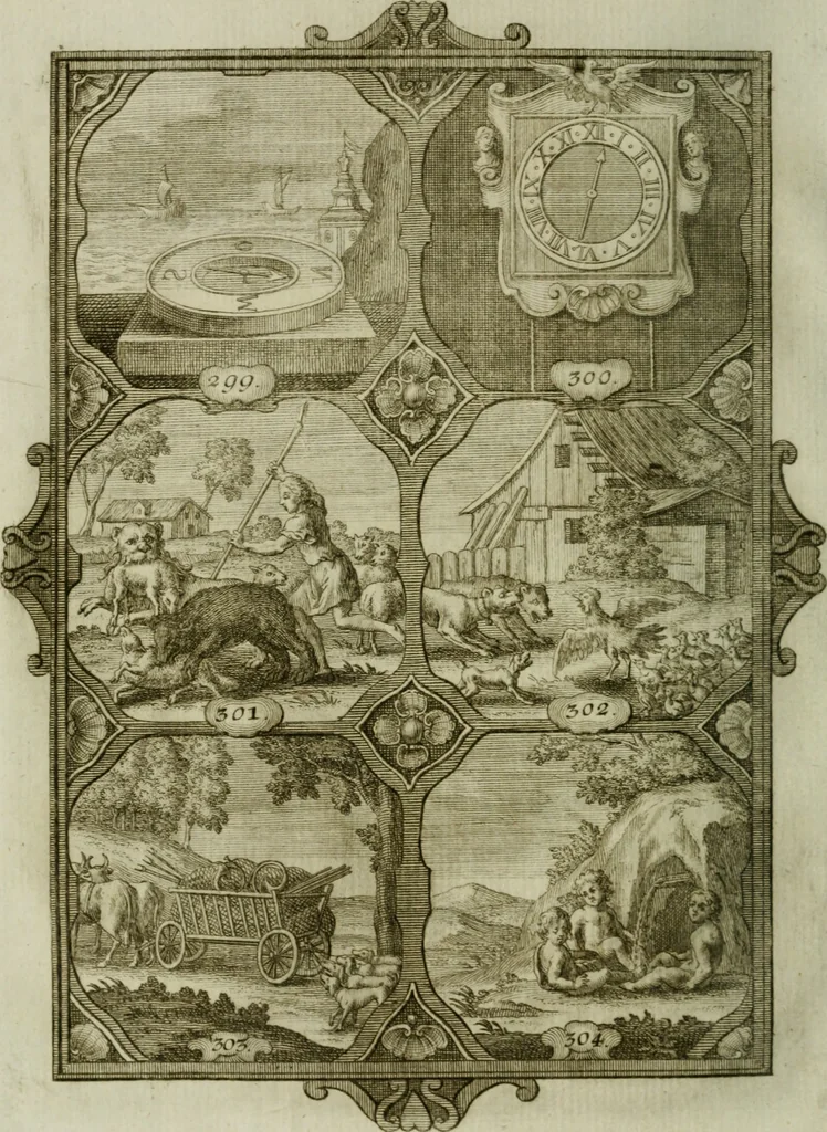 An illustration from Güldene Aepfel in silbernen Schalen, das ist, Worte geredet zu seiner Zeit über 400 Sinnbilder von allerley Zeiten und Umständen des menschlichen Lebens zu Beförderung der Erbauung, 1746, leaf 185