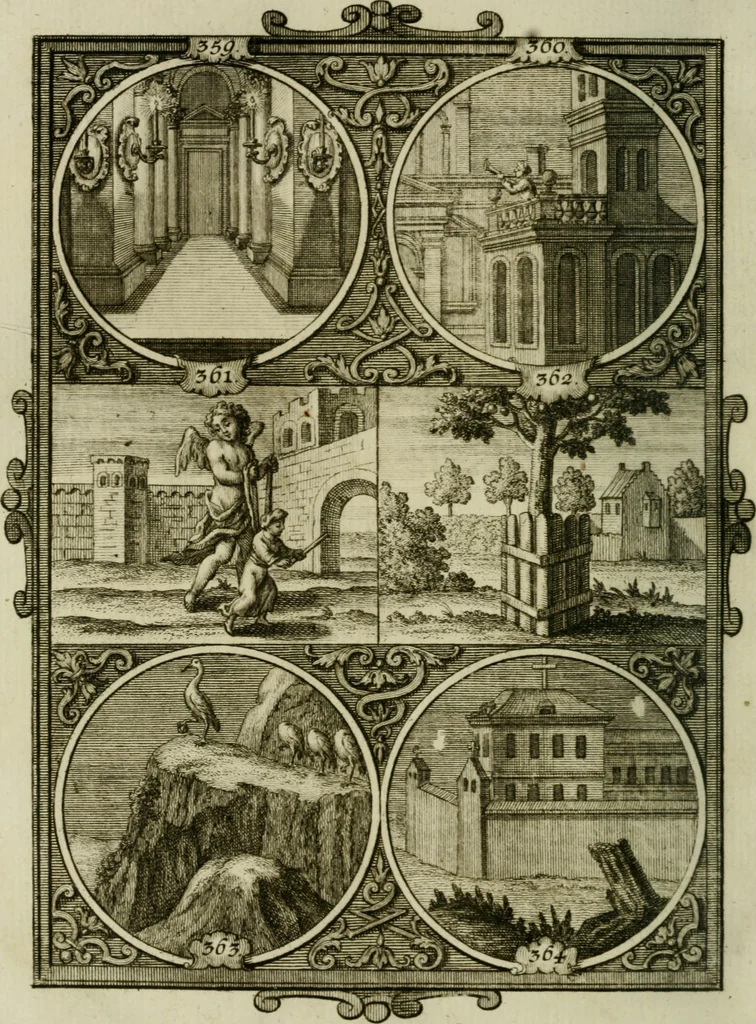 An illustration from Güldene Aepfel in silbernen Schalen, das ist, Worte geredet zu seiner Zeit über 400 Sinnbilder von allerley Zeiten und Umständen des menschlichen Lebens zu Beförderung der Erbauung, 1746, leaf 215