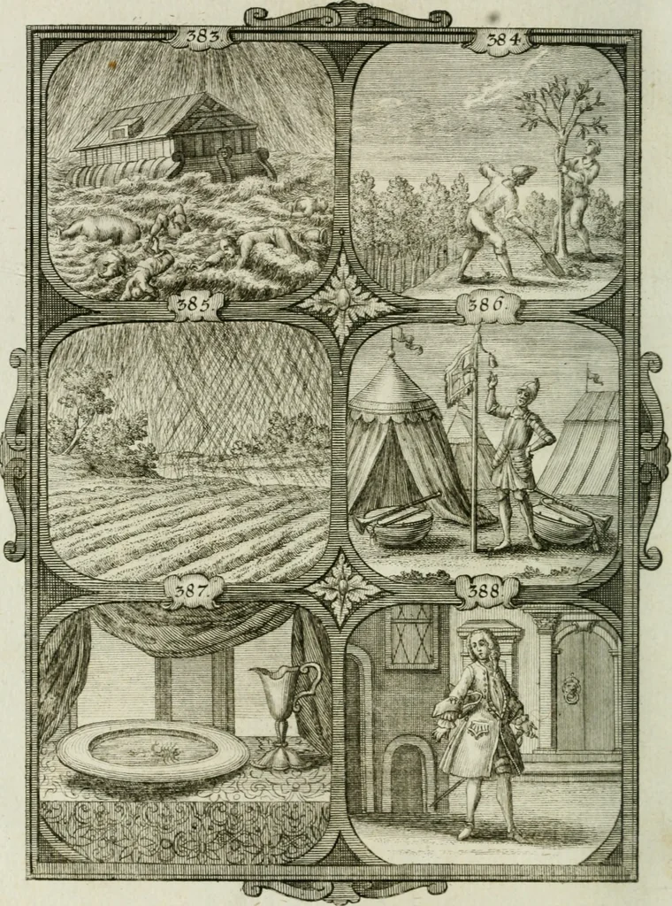 An illustration from Güldene Aepfel in silbernen Schalen, das ist, Worte geredet zu seiner Zeit über 400 Sinnbilder von allerley Zeiten und Umständen des menschlichen Lebens zu Beförderung der Erbauung, 1746, leaf 227