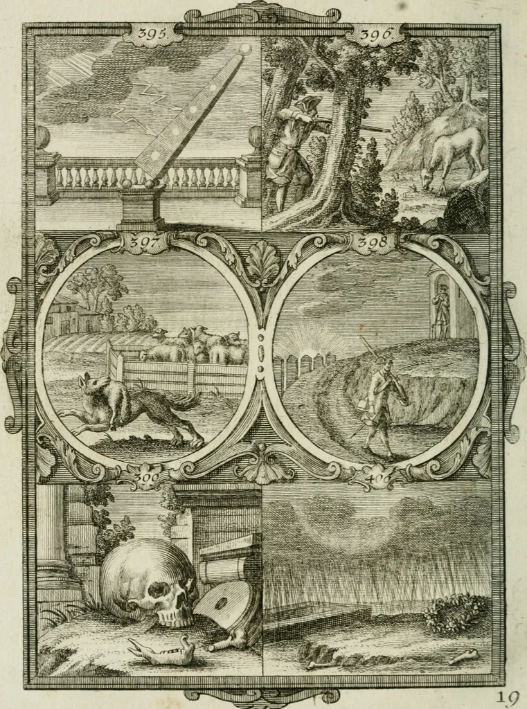 An illustration from Güldene Aepfel in silbernen Schalen, das ist, Worte geredet zu seiner Zeit über 400 Sinnbilder von allerley Zeiten und Umständen des menschlichen Lebens zu Beförderung der Erbauung, 1746, leaf 233