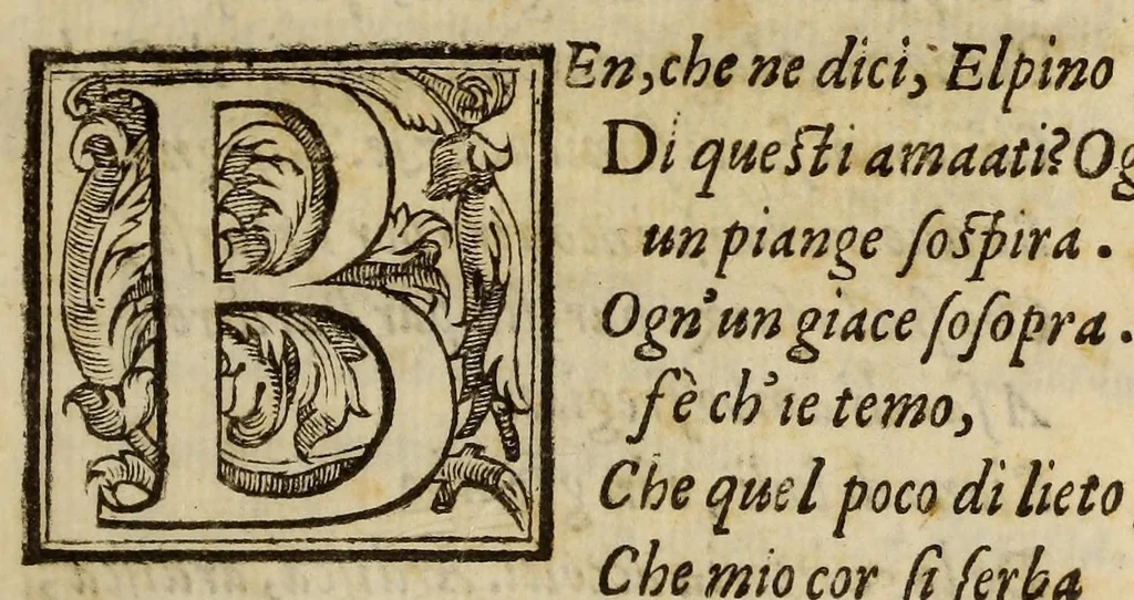 An illustration from Gli amorosi sospetti; favola pastorale, di Armentoldo Sampognano., 1606, leaf 105