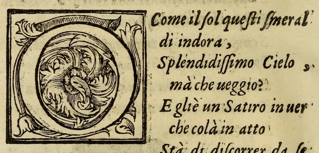 An illustration from Gli amorosi sospetti; favola pastorale, di Armentoldo Sampognano., 1606, leaf 74