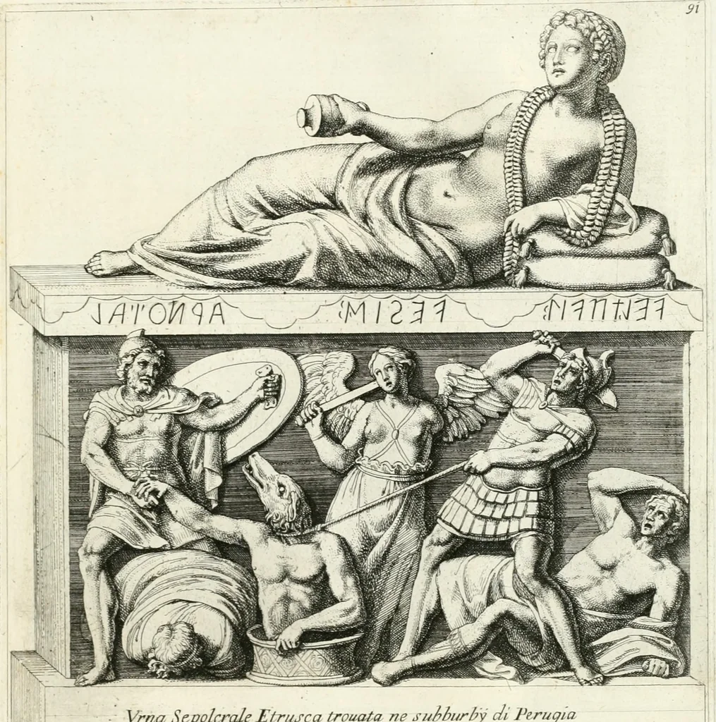 An illustration from Gli antichi sepolcri, overo, Mausolei Romani, et Etruschi, trouati in Roma & in altri luoghi celebri : nelli quali si contengono molte erudite memorie, 1697, leaf 208