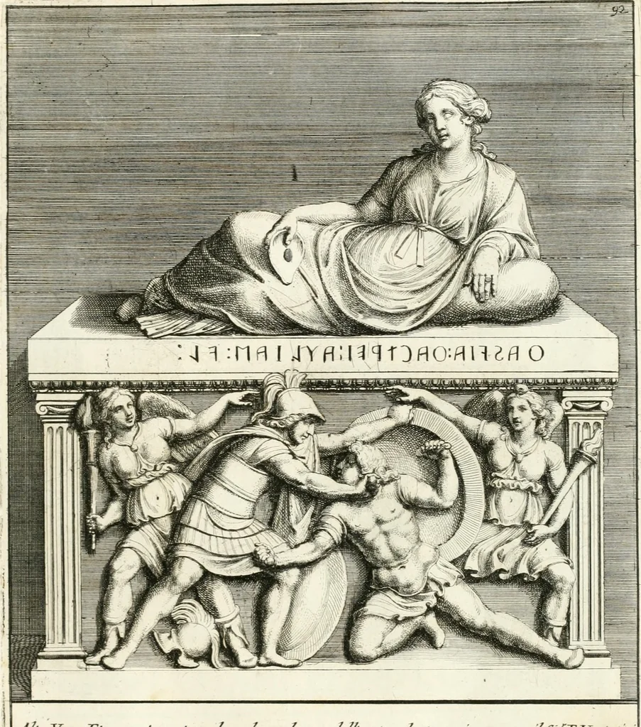 An illustration from Gli antichi sepolcri, overo, Mausolei Romani, et Etruschi, trouati in Roma & in altri luoghi celebri : nelli quali si contengono molte erudite memorie, 1697, leaf 210
