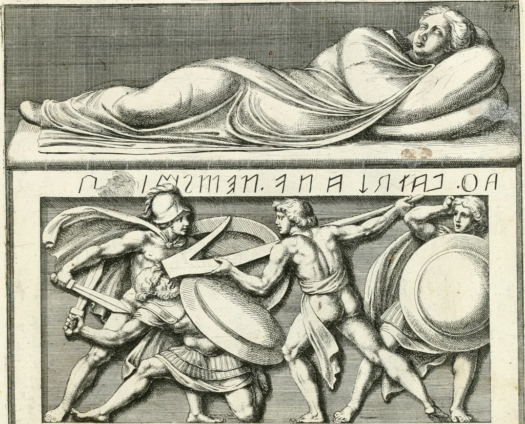 An illustration from Gli antichi sepolcri, overo, Mausolei Romani, et Etruschi, trouati in Roma & in altri luoghi celebri : nelli quali si contengono molte erudite memorie, 1697, leaf 214