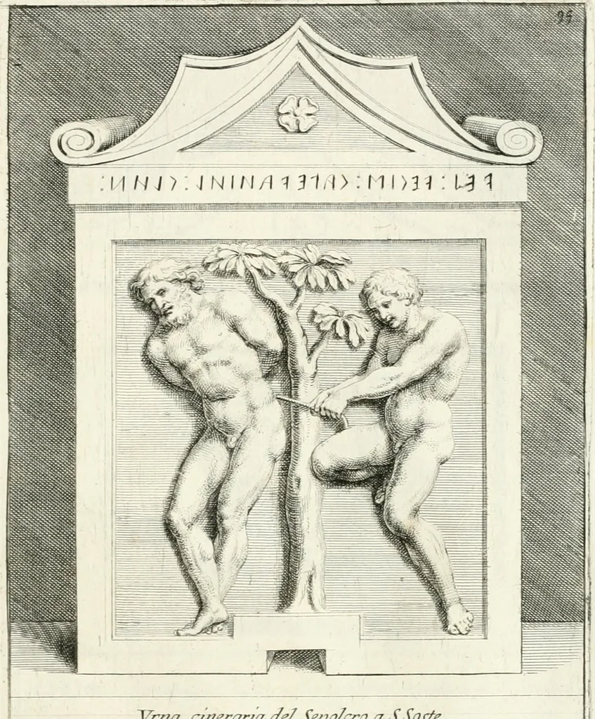 An illustration from Gli antichi sepolcri, overo, Mausolei Romani, et Etruschi, trouati in Roma & in altri luoghi celebri : nelli quali si contengono molte erudite memorie, 1697, leaf 216