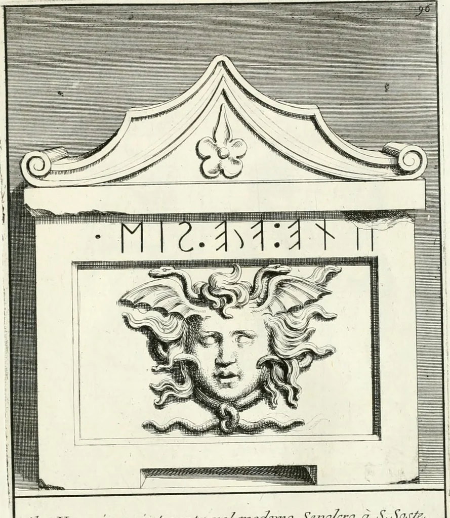 An illustration from Gli antichi sepolcri, overo, Mausolei Romani, et Etruschi, trouati in Roma & in altri luoghi celebri : nelli quali si contengono molte erudite memorie, 1697, leaf 218