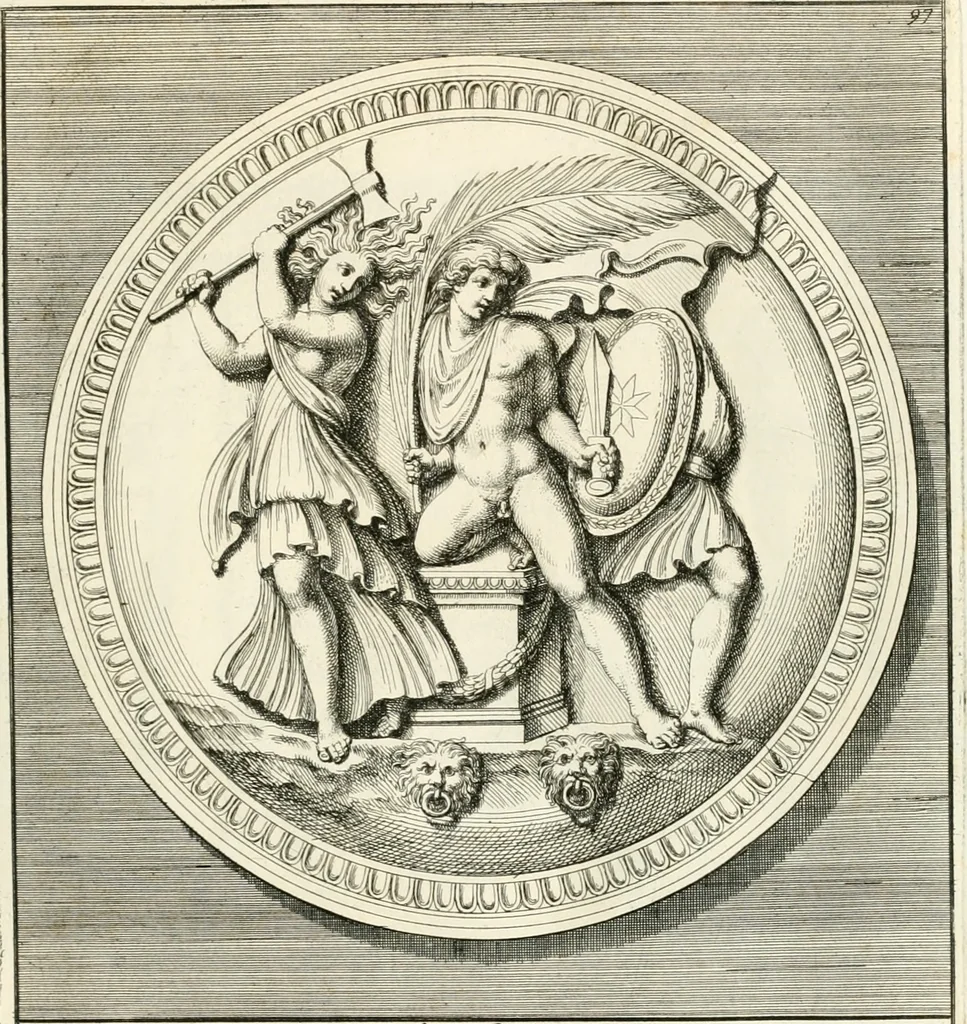 An illustration from Gli antichi sepolcri, overo, Mausolei Romani, et Etruschi, trouati in Roma & in altri luoghi celebri : nelli quali si contengono molte erudite memorie, 1697, leaf 220