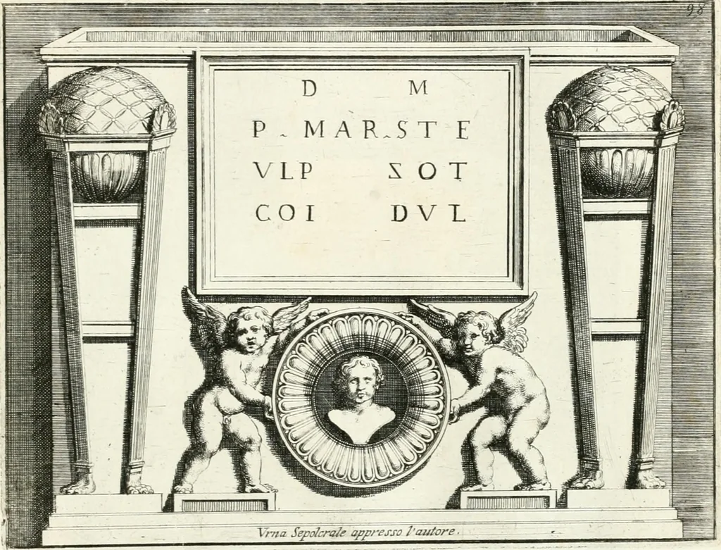 An illustration from Gli antichi sepolcri, overo, Mausolei Romani, et Etruschi, trouati in Roma & in altri luoghi celebri : nelli quali si contengono molte erudite memorie, 1697, leaf 222