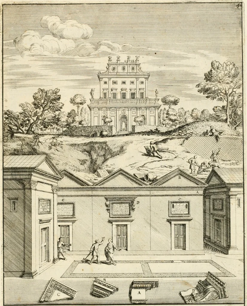 An illustration from Gli antichi sepolcri, overo, Mausolei Romani, et Etruschi, trouati in Roma & in altri luoghi celebri : nelli quali si contengono molte erudite memorie, 1697, leaf 28