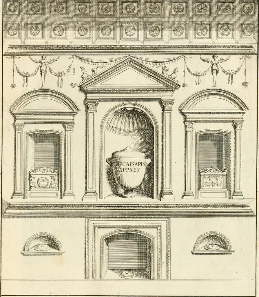 An illustration from Gli antichi sepolcri, overo, Mausolei Romani, et Etruschi, trouati in Roma & in altri luoghi celebri : nelli quali si contengono molte erudite memorie, 1697, leaf 36