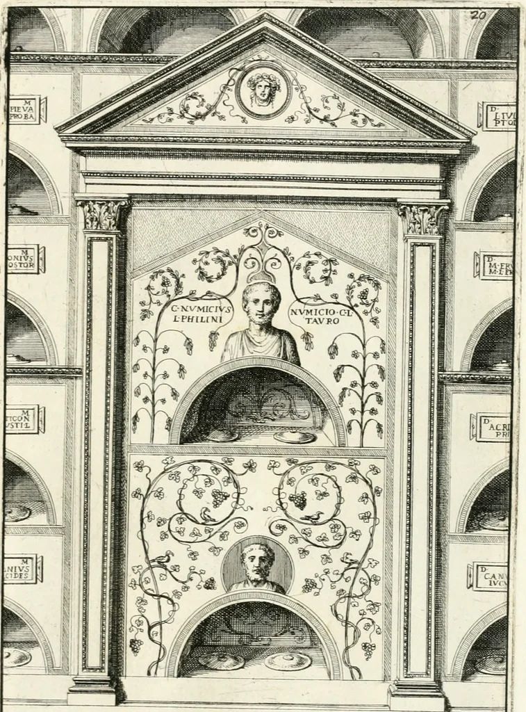 An illustration from Gli antichi sepolcri, overo, Mausolei Romani, et Etruschi, trouati in Roma & in altri luoghi celebri : nelli quali si contengono molte erudite memorie, 1697, leaf 62