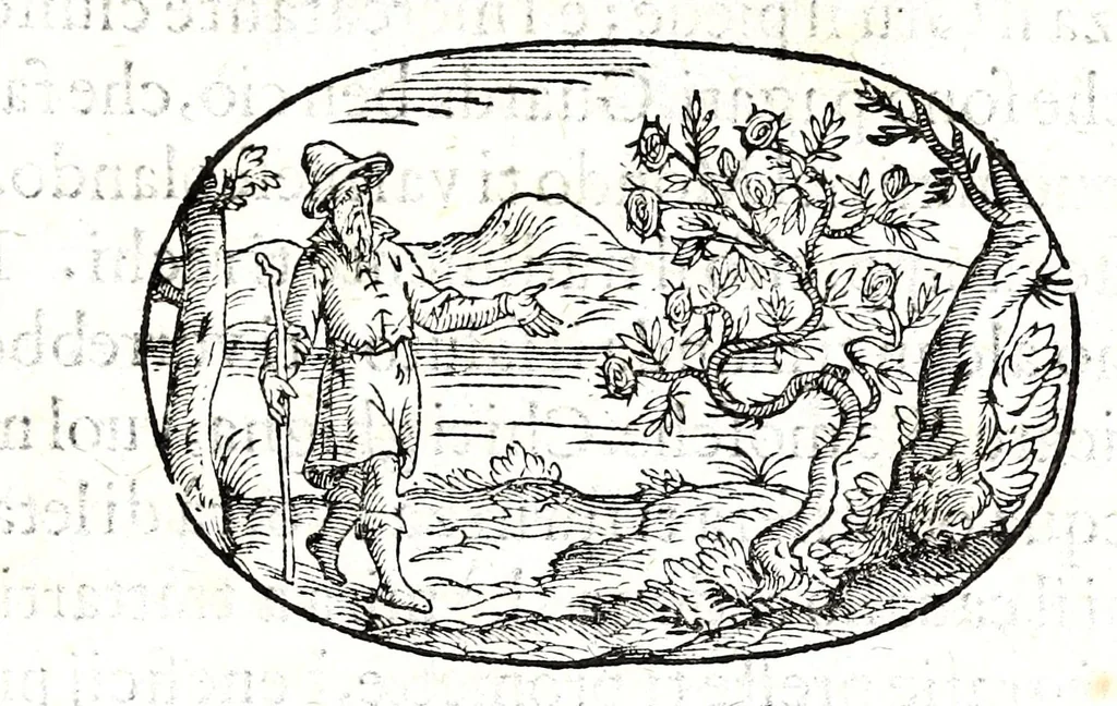 An illustration from Gli apologi del signor Giulio Cesare Capaccio, gentil'huomo del serenissimo signor duca d'Vrbino; con le Dicerie morali, oue quasi con viui colori al modo cortegiano l'humana vita si dipinge, la malignità si scopre, la bizzarria de' ceruelli si castiga, la frode si scaccia, la mattezza si punisce, al poco saper di gli huomini si prouede, e di tutti i ciuili costumi si fà paragone, 1619, leaf 105