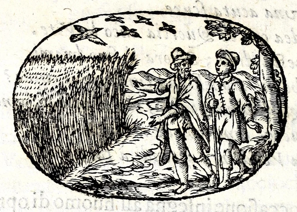 An illustration from Gli apologi del signor Giulio Cesare Capaccio, gentil'huomo del serenissimo signor duca d'Vrbino; con le Dicerie morali, oue quasi con viui colori al modo cortegiano l'humana vita si dipinge, la malignità si scopre, la bizzarria de' ceruelli si castiga, la frode si scaccia, la mattezza si punisce, al poco saper di gli huomini si prouede, e di tutti i ciuili costumi si fà paragone, 1619, leaf 112