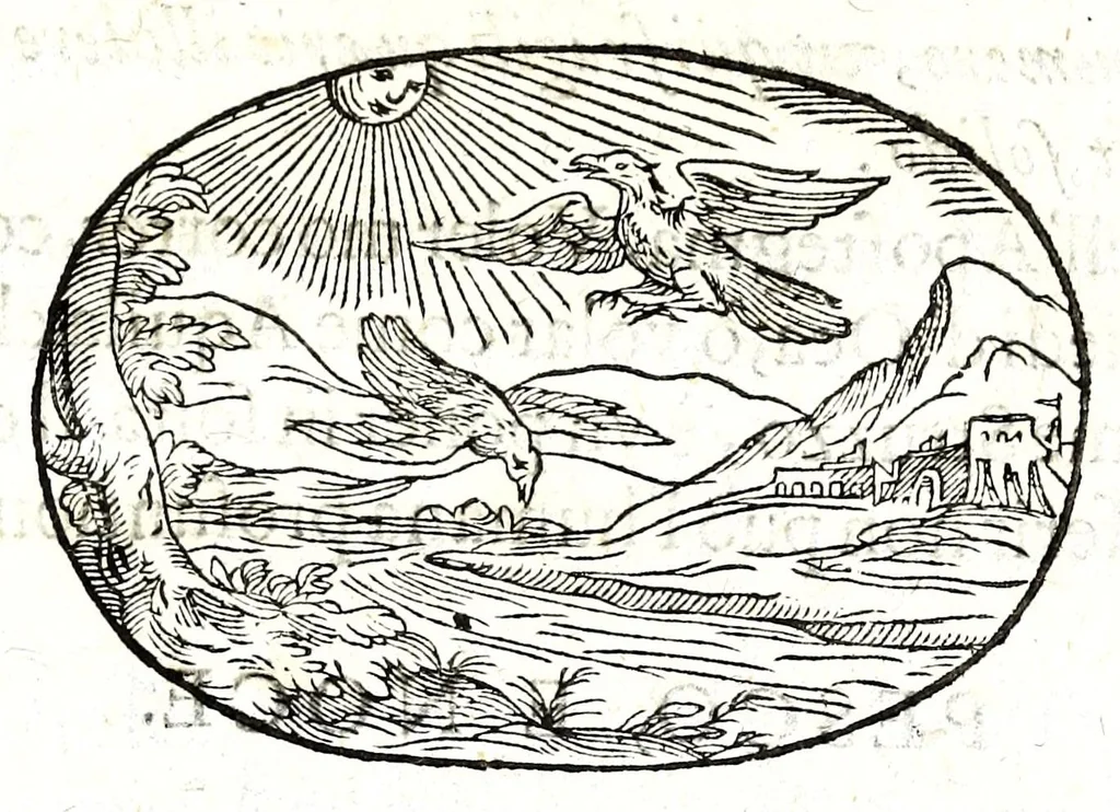 An illustration from Gli apologi del signor Giulio Cesare Capaccio, gentil'huomo del serenissimo signor duca d'Vrbino; con le Dicerie morali, oue quasi con viui colori al modo cortegiano l'humana vita si dipinge, la malignità si scopre, la bizzarria de' ceruelli si castiga, la frode si scaccia, la mattezza si punisce, al poco saper di gli huomini si prouede, e di tutti i ciuili costumi si fà paragone, 1619, leaf 123
