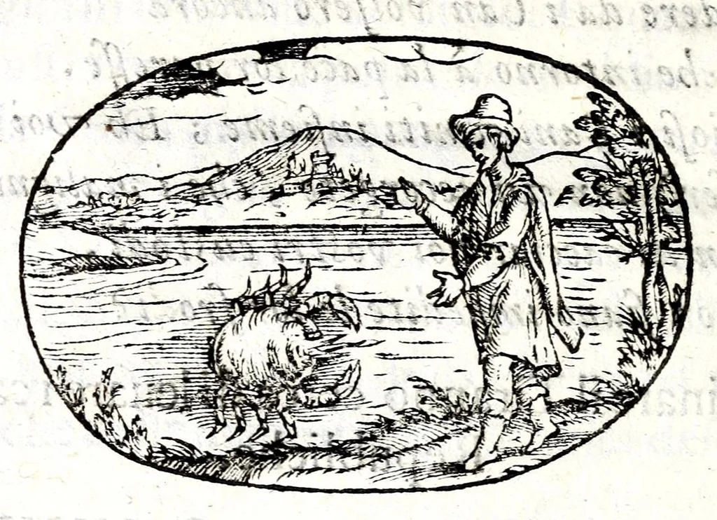 An illustration from Gli apologi del signor Giulio Cesare Capaccio, gentil'huomo del serenissimo signor duca d'Vrbino; con le Dicerie morali, oue quasi con viui colori al modo cortegiano l'humana vita si dipinge, la malignità si scopre, la bizzarria de' ceruelli si castiga, la frode si scaccia, la mattezza si punisce, al poco saper di gli huomini si prouede, e di tutti i ciuili costumi si fà paragone, 1619, leaf 144