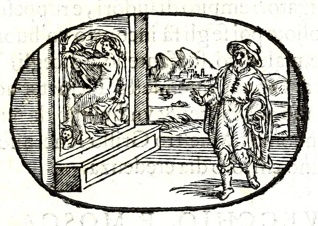 An illustration from Gli apologi del signor Giulio Cesare Capaccio, gentil'huomo del serenissimo signor duca d'Vrbino; con le Dicerie morali, oue quasi con viui colori al modo cortegiano l'humana vita si dipinge, la malignità si scopre, la bizzarria de' ceruelli si castiga, la frode si scaccia, la mattezza si punisce, al poco saper di gli huomini si prouede, e di tutti i ciuili costumi si fà paragone, 1619, leaf 147