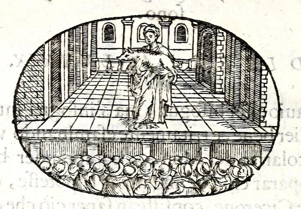 An illustration from Gli apologi del signor Giulio Cesare Capaccio, gentil'huomo del serenissimo signor duca d'Vrbino; con le Dicerie morali, oue quasi con viui colori al modo cortegiano l'humana vita si dipinge, la malignità si scopre, la bizzarria de' ceruelli si castiga, la frode si scaccia, la mattezza si punisce, al poco saper di gli huomini si prouede, e di tutti i ciuili costumi si fà paragone, 1619, leaf 166