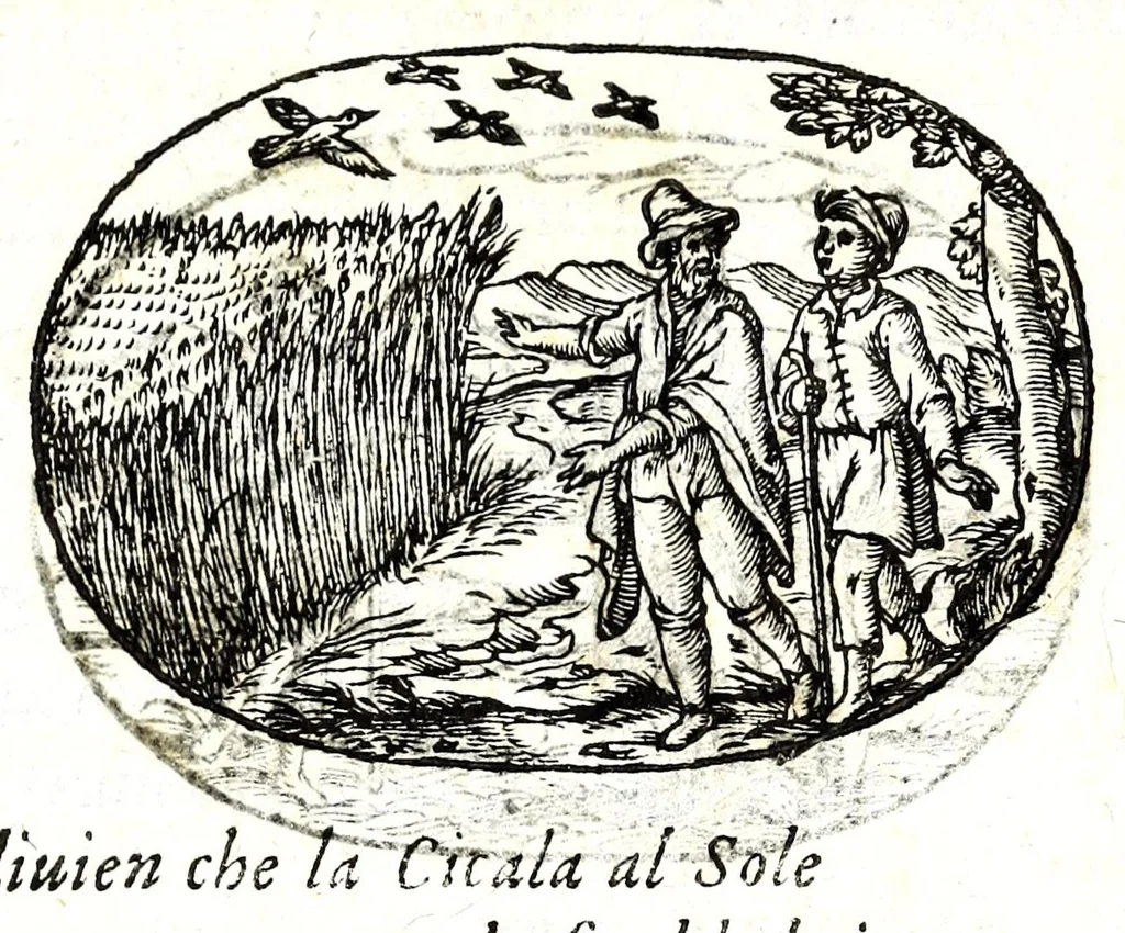 An illustration from Gli apologi del signor Giulio Cesare Capaccio, gentil'huomo del serenissimo signor duca d'Vrbino; con le Dicerie morali, oue quasi con viui colori al modo cortegiano l'humana vita si dipinge, la malignità si scopre, la bizzarria de' ceruelli si castiga, la frode si scaccia, la mattezza si punisce, al poco saper di gli huomini si prouede, e di tutti i ciuili costumi si fà paragone, 1619, leaf 169