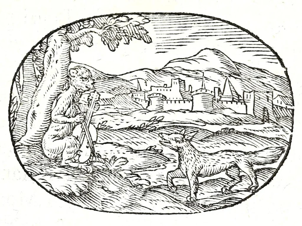 An illustration from Gli apologi del signor Giulio Cesare Capaccio, gentil'huomo del serenissimo signor duca d'Vrbino; con le Dicerie morali, oue quasi con viui colori al modo cortegiano l'humana vita si dipinge, la malignità si scopre, la bizzarria de' ceruelli si castiga, la frode si scaccia, la mattezza si punisce, al poco saper di gli huomini si prouede, e di tutti i ciuili costumi si fà paragone, 1619, leaf 23