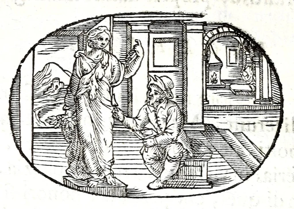 An illustration from Gli apologi del signor Giulio Cesare Capaccio, gentil'huomo del serenissimo signor duca d'Vrbino; con le Dicerie morali, oue quasi con viui colori al modo cortegiano l'humana vita si dipinge, la malignità si scopre, la bizzarria de' ceruelli si castiga, la frode si scaccia, la mattezza si punisce, al poco saper di gli huomini si prouede, e di tutti i ciuili costumi si fà paragone, 1619, leaf 28