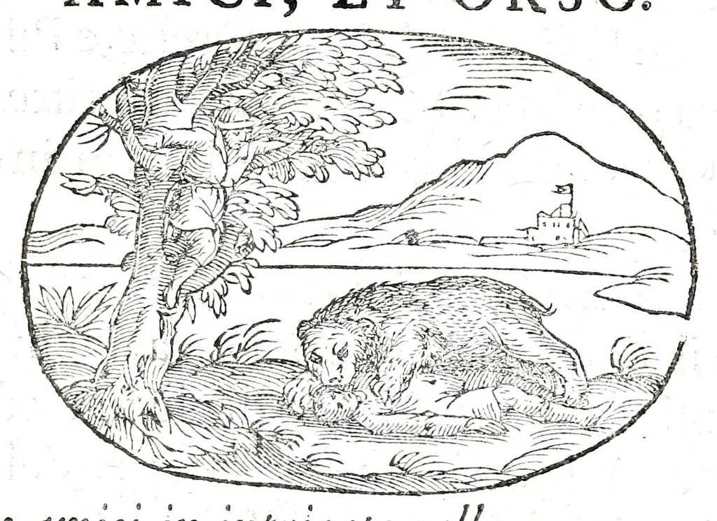 An illustration from Gli apologi del signor Giulio Cesare Capaccio, gentil'huomo del serenissimo signor duca d'Vrbino; con le Dicerie morali, oue quasi con viui colori al modo cortegiano l'humana vita si dipinge, la malignità si scopre, la bizzarria de' ceruelli si castiga, la frode si scaccia, la mattezza si punisce, al poco saper di gli huomini si prouede, e di tutti i ciuili costumi si fà paragone, 1619, leaf 29