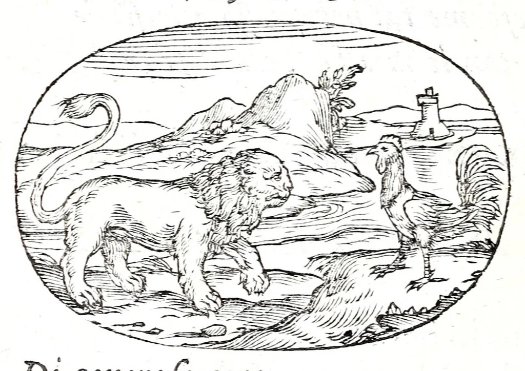 An illustration from Gli apologi del signor Giulio Cesare Capaccio, gentil'huomo del serenissimo signor duca d'Vrbino; con le Dicerie morali, oue quasi con viui colori al modo cortegiano l'humana vita si dipinge, la malignità si scopre, la bizzarria de' ceruelli si castiga, la frode si scaccia, la mattezza si punisce, al poco saper di gli huomini si prouede, e di tutti i ciuili costumi si fà paragone, 1619, leaf 38