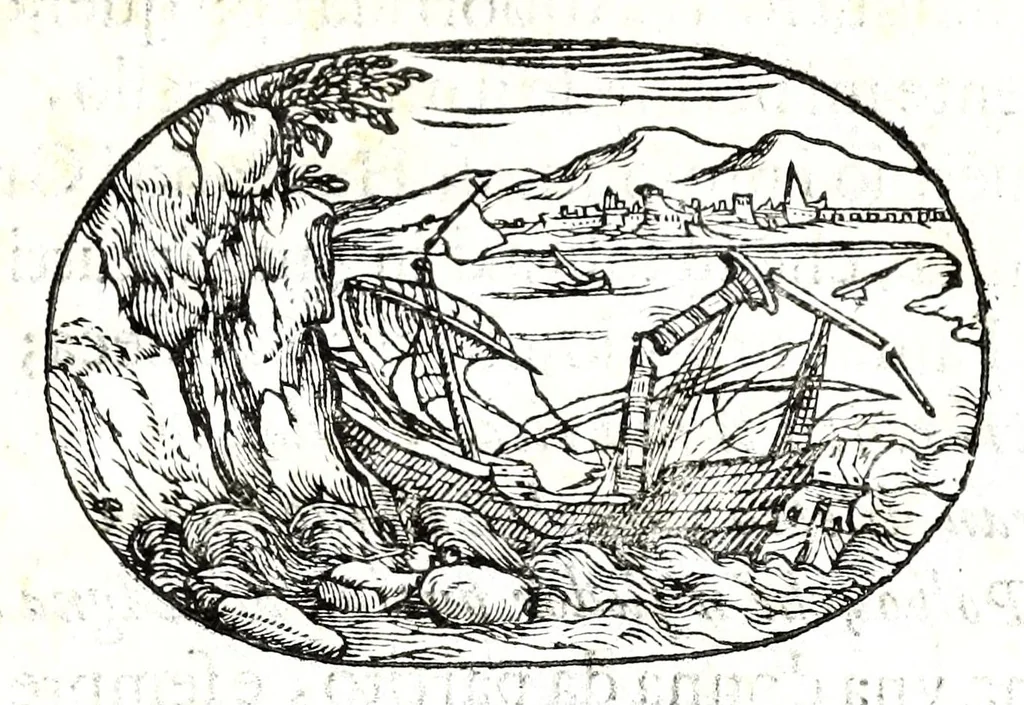 An illustration from Gli apologi del signor Giulio Cesare Capaccio, gentil'huomo del serenissimo signor duca d'Vrbino; con le Dicerie morali, oue quasi con viui colori al modo cortegiano l'humana vita si dipinge, la malignità si scopre, la bizzarria de' ceruelli si castiga, la frode si scaccia, la mattezza si punisce, al poco saper di gli huomini si prouede, e di tutti i ciuili costumi si fà paragone, 1619, leaf 43