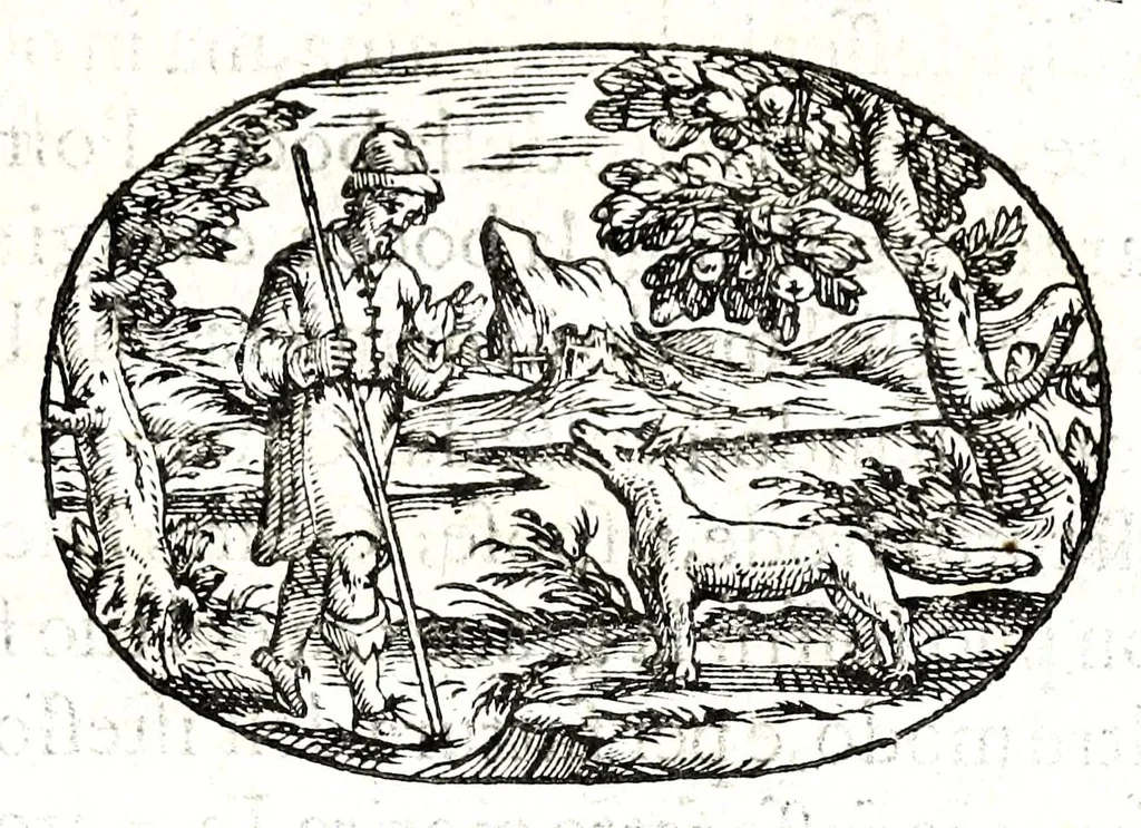An illustration from Gli apologi del signor Giulio Cesare Capaccio, gentil'huomo del serenissimo signor duca d'Vrbino; con le Dicerie morali, oue quasi con viui colori al modo cortegiano l'humana vita si dipinge, la malignità si scopre, la bizzarria de' ceruelli si castiga, la frode si scaccia, la mattezza si punisce, al poco saper di gli huomini si prouede, e di tutti i ciuili costumi si fà paragone, 1619, leaf 45