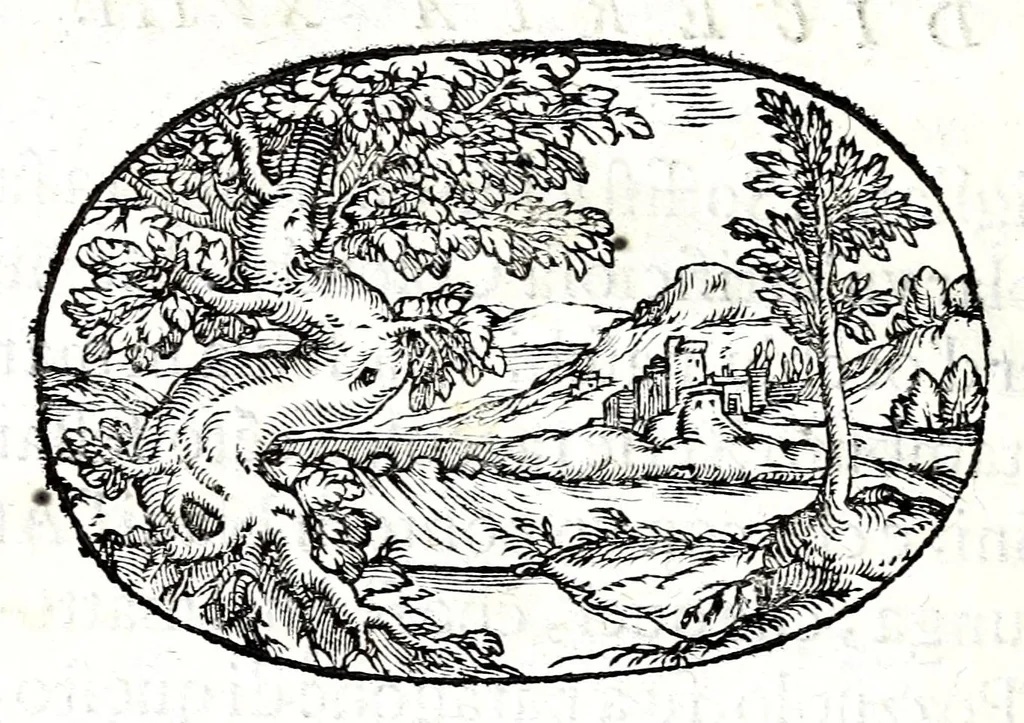 An illustration from Gli apologi del signor Giulio Cesare Capaccio, gentil'huomo del serenissimo signor duca d'Vrbino; con le Dicerie morali, oue quasi con viui colori al modo cortegiano l'humana vita si dipinge, la malignità si scopre, la bizzarria de' ceruelli si castiga, la frode si scaccia, la mattezza si punisce, al poco saper di gli huomini si prouede, e di tutti i ciuili costumi si fà paragone, 1619, leaf 52