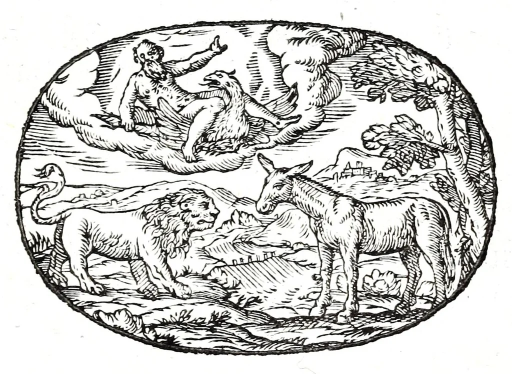 An illustration from Gli apologi del signor Giulio Cesare Capaccio, gentil'huomo del serenissimo signor duca d'Vrbino; con le Dicerie morali, oue quasi con viui colori al modo cortegiano l'humana vita si dipinge, la malignità si scopre, la bizzarria de' ceruelli si castiga, la frode si scaccia, la mattezza si punisce, al poco saper di gli huomini si prouede, e di tutti i ciuili costumi si fà paragone, 1619, leaf 63