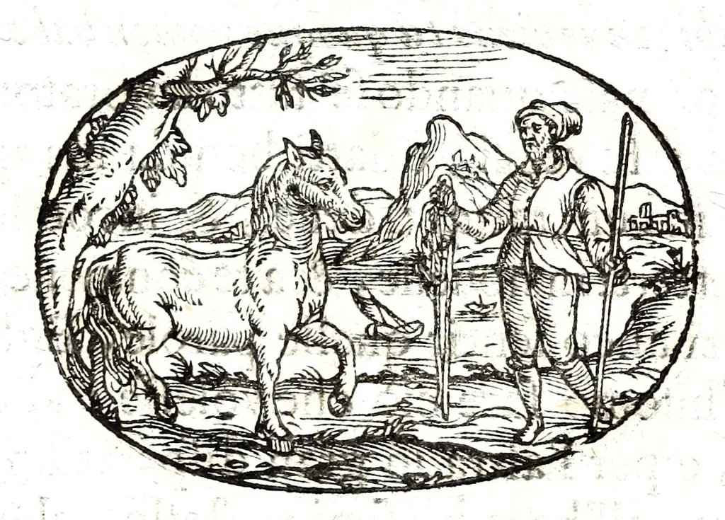 An illustration from Gli apologi del signor Giulio Cesare Capaccio, gentil'huomo del serenissimo signor duca d'Vrbino; con le Dicerie morali, oue quasi con viui colori al modo cortegiano l'humana vita si dipinge, la malignità si scopre, la bizzarria de' ceruelli si castiga, la frode si scaccia, la mattezza si punisce, al poco saper di gli huomini si prouede, e di tutti i ciuili costumi si fà paragone, 1619, leaf 85