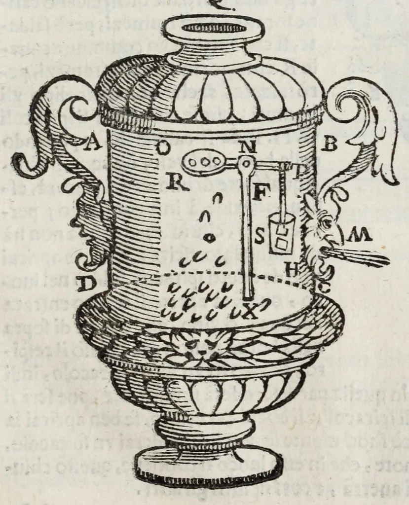An illustration from Gli artificiosi e curiosi moti spiritali de Herone, 1647, leaf 45