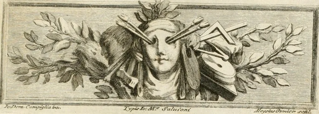 An illustration from Gli eccelsi pregj delle belle arti e la scambievole lor congiunzione con le mattematiche scienze : mostrata nel Campidoglio dall'Accademia del disegno in occasione del concorso celebrato dalla medesima nell'anno 1732, reggendone il principato il sig. cavalier Sebastiano Conca .., 1733, leaf 50