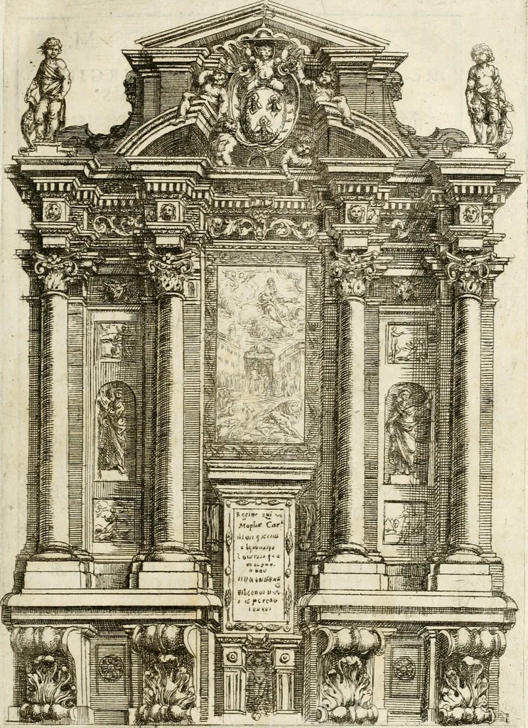 An illustration from Gli encomii delle Sagre Corone esplicati dal sig. Gio. Andrea Rota con diuersi componim.ti per la coronatione di Nostra Signora del Soccorso, seguita in Bologna l'anno MDCXIII per mano del card. Maffeo Barberino, 1633, leaf 16
