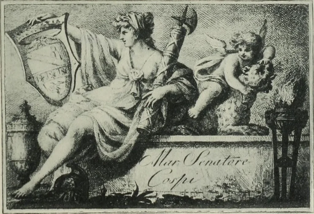 An illustration from Gli ex libris italiani. Con 9 tavole e 233 riproduzioni, delle quali 29 eseguite coi rami o cogli zinchi originali, 1902, leaf 60