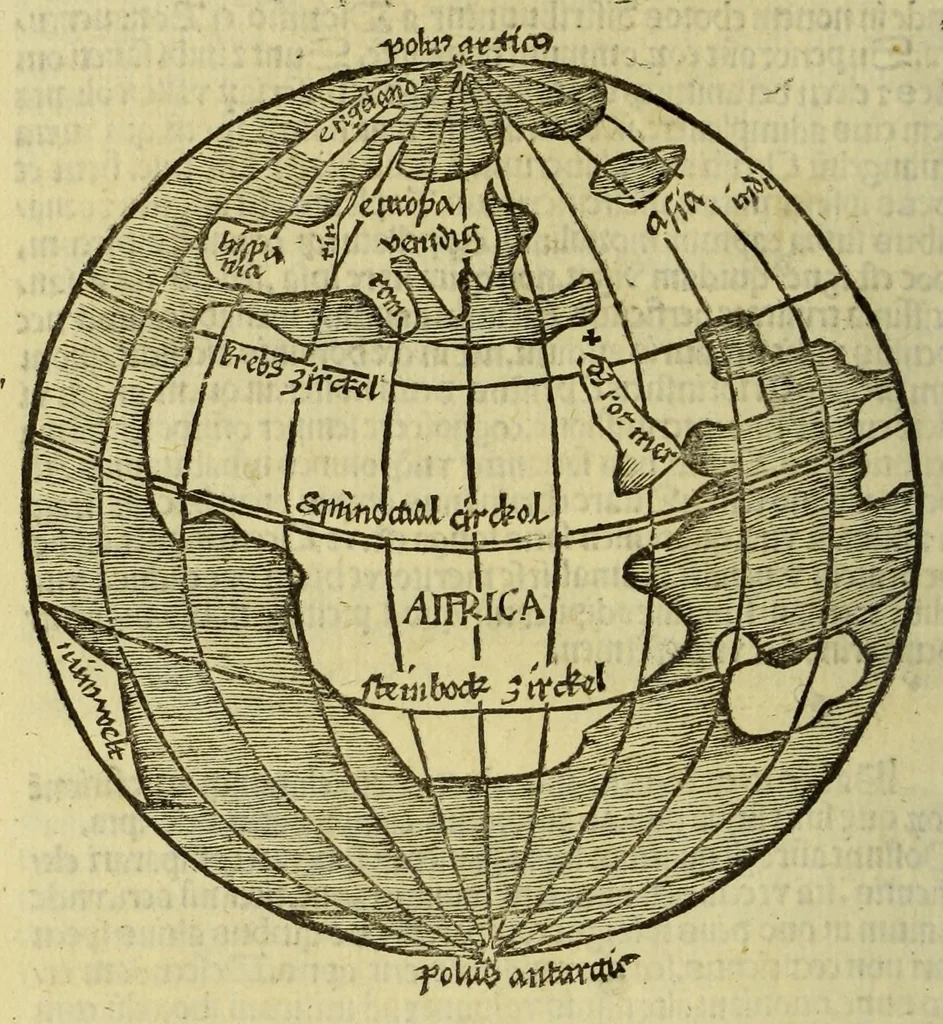 An illustration from Globus mundi : declaratio siue descriptio mundi et totius orbis terrarum. globulo rotundo comparati vt spera solida. Qua cuiuis etia[m] mediocriter docto ad oculu[m] videre licet antipodes esse. quo[rum] pedes nostris oppositi sunt. Et qualiter in vnaqua[que] orbis parte homines vitam agere queunt salutare[m]. sole singula terr[a]e loca illustrante: qu[a]e tamen terra in vacuo aere pendere videtur: solo dei nutu suste[n]tata. alijs[que] permultis de quarta orbis terraru[m] parte nuper ab Americo reperta, 1509, leaf 20